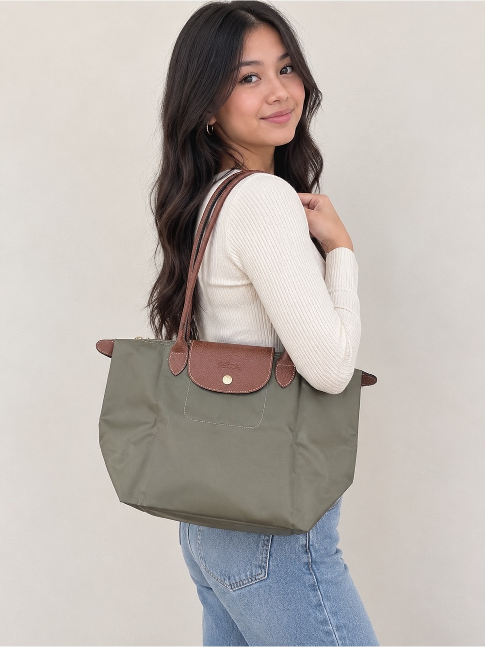 L0ngchamp grey with Brown Trim medium tote bag (unbranded)